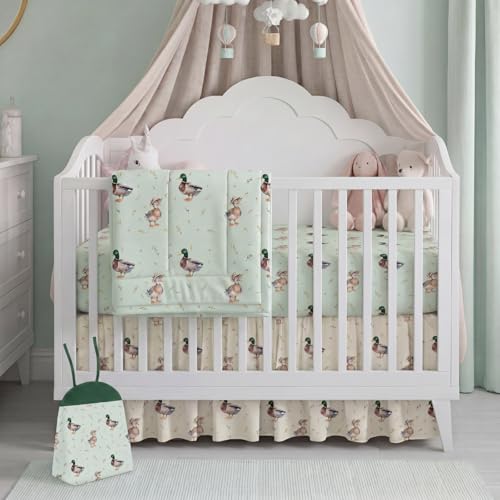 Image of Hahafelt 4 Pieces Crib Bedding Set for Girls and Boys, Soft Baby Bedding Set Including Crib Skirt, Comforter, Sheet and Diaper Stacker for Nursery (Mallard Duck)