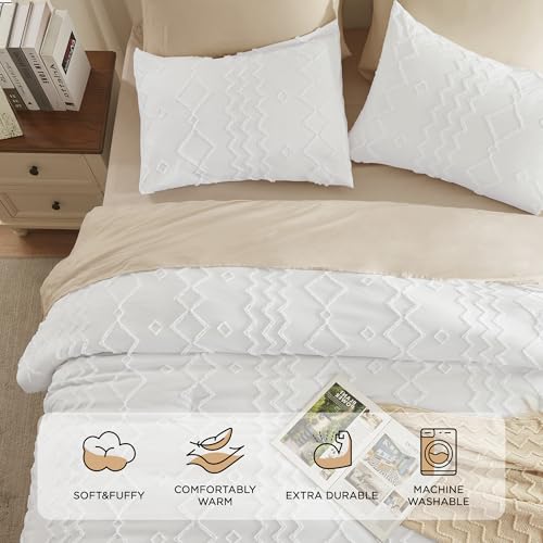 Image of Andency White Tufted Comforter Set King(104x90Inch), 3 Pieces(1 Tufts Comforter, 2 Pillowcases) Boho Textured Farmhouse Bed, Down Alternative Geometric Bedding Set