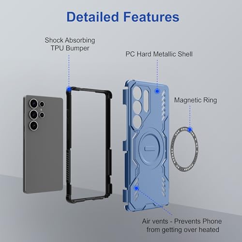 Image of amazon basics Back Case Cover for Samsung Galaxy S25 Ultra 5G | Magnetic Case with Built-in Metal Ring | Supports Mag-Safe Charger, Wallet & Car Mount | Shockproof Hybrid PC + TPU | Blue