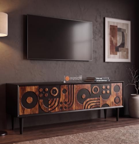Image of DecorNation Akiwa 62 Inch TV Unit, Sheesham Wood, Black | Carved Door TV Console Cabinet, Storage, Engineered Wood Entertainment Unit, For Living Room