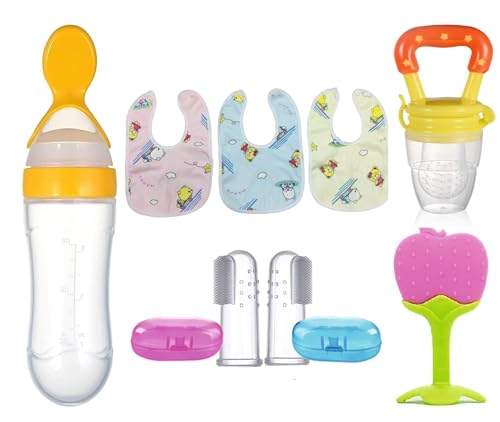 Image of 8-Piece Baby Feeding & Oral Care Set | Silicone Spoon Bottle 90ml, Fruit Feeder, Fruit Teether, Finger Tooth Brush (2pcs) & Waterproof Silicone Bibs (3pcs) | BPA-Free Newborn Kit (Combo of 8) (Yellow)