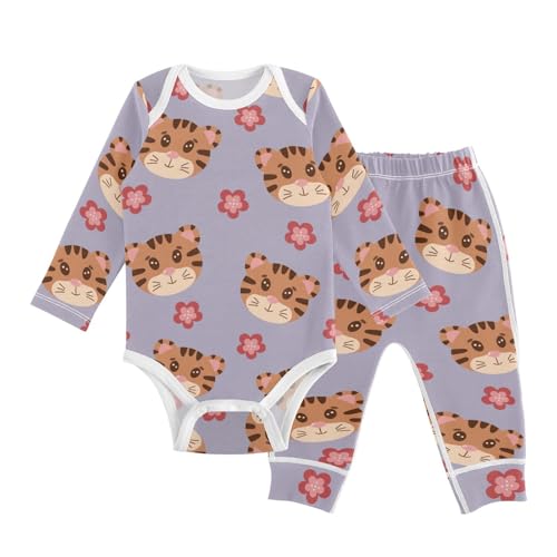 vvfelixl Baby Bodysuits Pants Sets Tiger Head Sakura Flower Baby Bodysuit Long Sleeve Baby Clothes for Boys Girls 12-18M