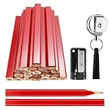 Rcybeo 24 Pcs Carpenter Pencils, 7 Inches Construction Pencils Flat Octagonal Hard Black Woodworking Heavy Duty with Retractable Pen Holder and Sharpener for Contractor Carpentry(Red)