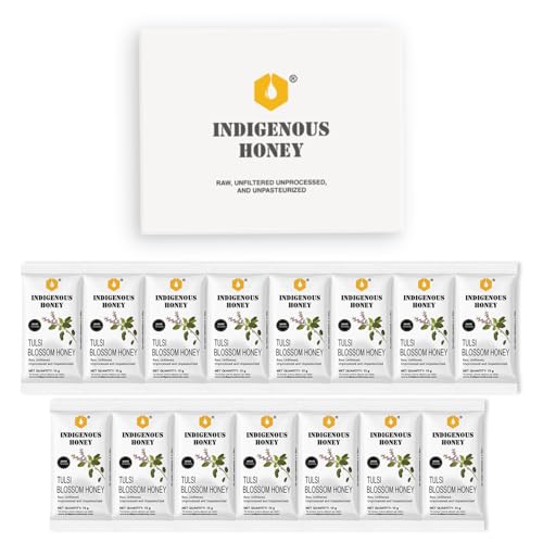 Image of INDIGENOUS HONEY Natural Raw Tulsi Honey Organic Pure Unprocessed Added Sugar free NMR Tested Unpasteurized Unheated - 15 Gift Sachets, 15g Each, Total 225g