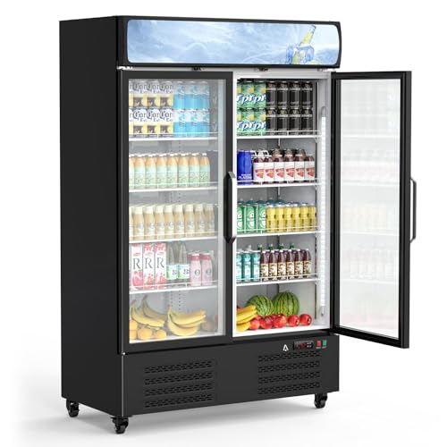 Image of Commercial Beverage Display Refrigerator 36.3 Cu.Ft, Glass Door Upright Cooler with LED Lighting, Double Swing Doors, Large Capacity for Store, Home, Gym, Office, Restaurant