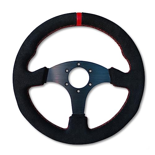 M MODAUTO Volante Deportivo Universal Plano, Volante Plano, de Terciopelo,Diámetro 330mm,Modelo G017 Negro con Costura Roja