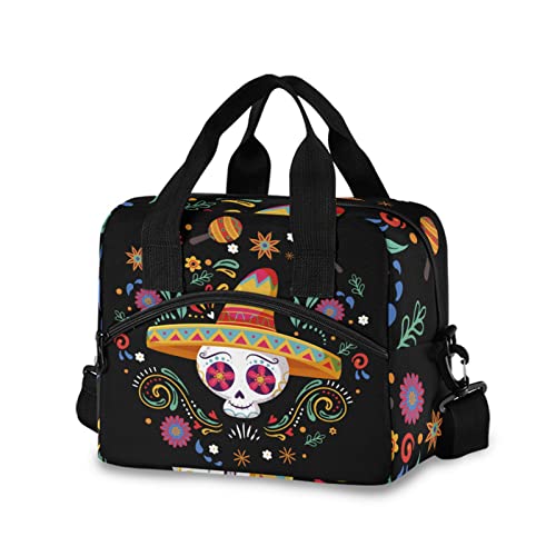 Cinco De Mayo Skull Insulated Lunch Bag Reusable Lunch Tote Bag Cooler Bag for Women Men Adult Lunch Box with Adjustable Shoulder Strap Leakproof Lunch Bag for Work School Picnic Camping