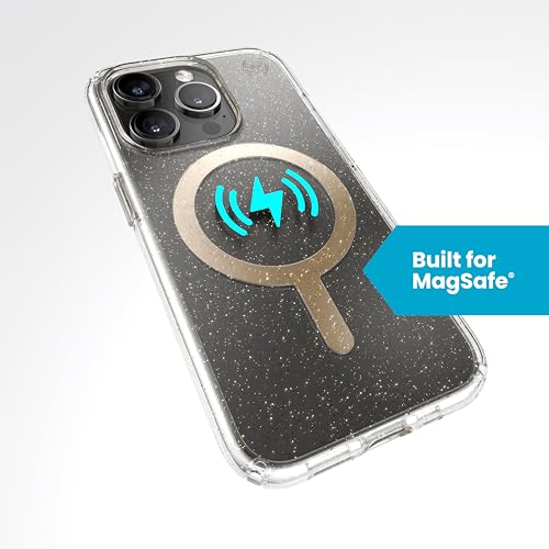 Image of Speck iPhone 15 Pro Case - Built for MagSafe, Drop Protection - Scratch Resistant, Anti-Yellowing 6.1 Inch Phone Case - Presidio Lux Clear /Gold Glitter /Beige Sweater