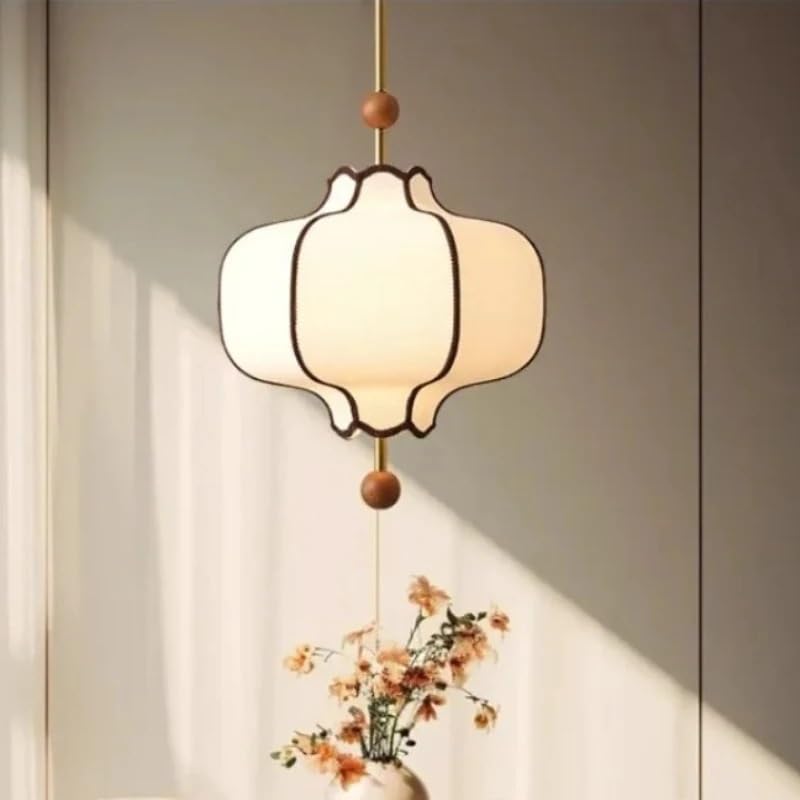 Lustre suspension japonaise circulaire LED en tissu rétro et boule en bois