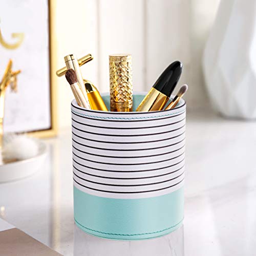 Image of Pen Holder, Pencil Cup Pot Desk Organizer Multi Purpose Use Cute for Adults Kids Luxury Leather Makeup Brush Holder for Home, Office, Classroom, Stripes Mint Green