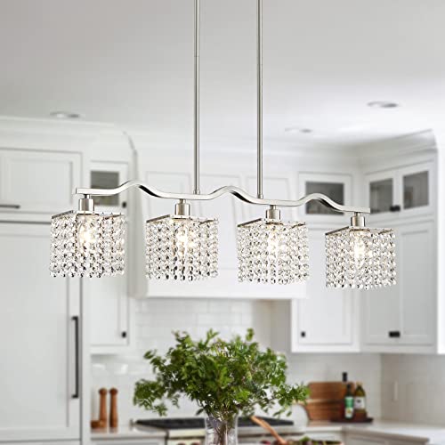 Image of WUZUPS Crystal Chandelier 4-Light Linear Raindrop Pendant Ceiling Light Modern Lighting Fixture for Bedroom Dinning Room Bar Kitchen Island, H8.7'' W4.7'' L30.5, E12 Base, Nickel