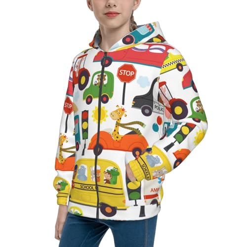 Transports with Animals Kid Hoodies Boys Zip Up Sweatshirts Girls Pullover with Pocket