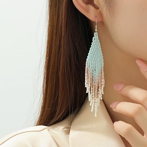 Boho Beaded Bule Tassel Earrings for Women2