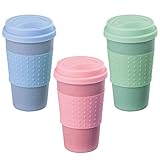 VEIREN 3 Pack Wheat Straw Cups Creative Mug Cups with Silicone Lid Plastic Reusable Coffee Tea Cup...