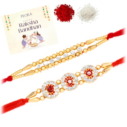 Image of Peora Om Shree Ram Swastik Rakhi for Brother Bhaiya | Crystal & Beads Studded | Red Thread | Raksha Bandhan Hamper with Roli Chawal Greeting Card
