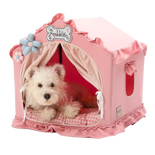 Jiupety Cuccia per cani per interni con telaio, lavabile, pieghevole, per cani, cuccia interna e ventilabile, con tetto per 4-9 kg, misura M, 43 x 43 x 43 cm, colore: rosa