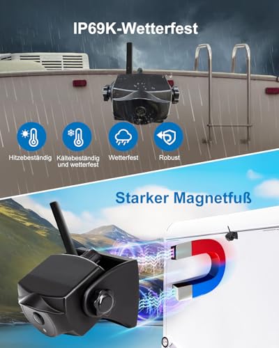 1080P Magnetische kabellose Rückfahrkamera, WiFi-Rückfahrkamera mit langlebigem Akku, 90 Tage Standby, Nachtsicht, IP69K, einfache Installation für LKWs, Anhänger, kompatibel mit Telefon, Pad