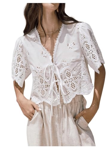 SOLY HUX Women's Hollow Tie Front Crop Tops Ruffle Short Sleeve V Neck Summer Blouse Shirts