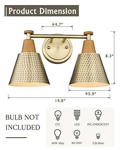 Image of FEMILA Bathroom Light Fixtures, 2-Light Bathroom Vanity Lights Over Mirror, Antique Gold Wall Sconces, Hammered Metal Shade, 4FG59B-2W BG
