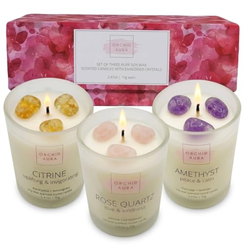 Soy Candles with Healing Crystals. Citrine, Rose Quartz, Amethyst Crystal.