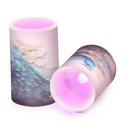 Image of ALAZA Blue Peacock Yellow Flowers Flickering Flameless Candles Battery Operated with Remote Timer,Tea Light Candles LED Pillar Votive Candles Set of 2 for Outdoor Indoor Decorations