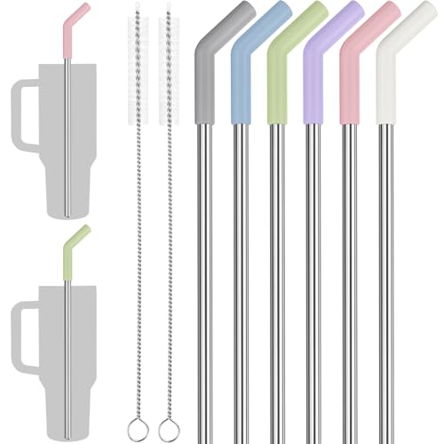 Tomorotec 6-Pack Multicolor Silicone Tip Stainless Steel Straws for 40oz Stanley Tumblers with 2 Cleaning Brushes, 12