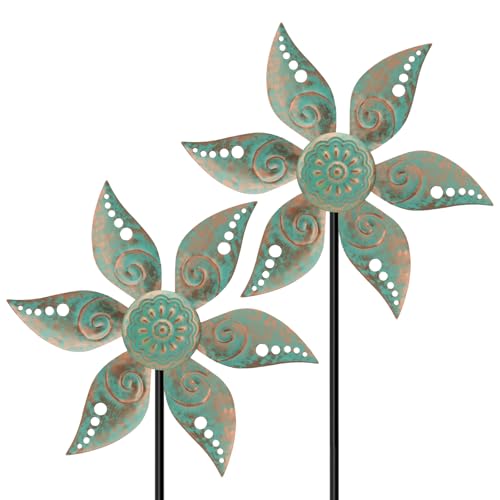 Jusimux 2 Pack Wind Spinners Outdoor Clearance Metal Vintage Green,Wind Sculpture Small Iron Windmill is Decorative Garden Stakes for Patio Lawn...