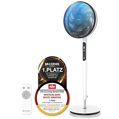Brandson - DC Standventilator energiesparend ECO - Preisträger 2026 - Fernbedienung - Brushless Silent Motor -sehr leise Oszilation 60 90 120 - Ventilator Timer 9 Stufen - Turbo Modus - weiß