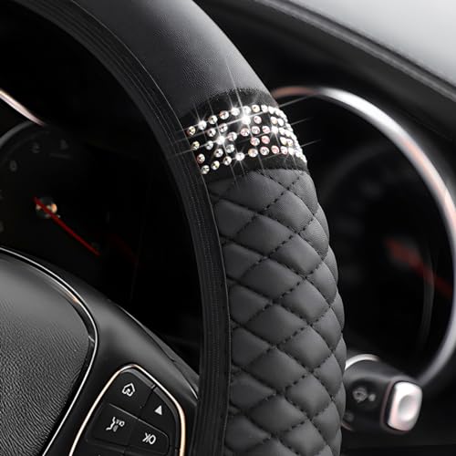 Image of Osilly Bling Car Steering Wheel Cover, 15 Inch Rhinestones Soft Leather Elastic Steering Wheel Protector, Sparkly Crystal Diamond for Women Girls, Car Interior Accessories for Most Cars (Black)