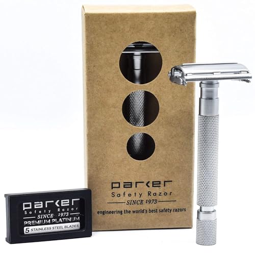 Parker 74R Satin Chrome – Long Handle Butterfly Open Safety Razor for Men | Double Edge Heavyweight Razor Includes 5 Premium Parker Blades
