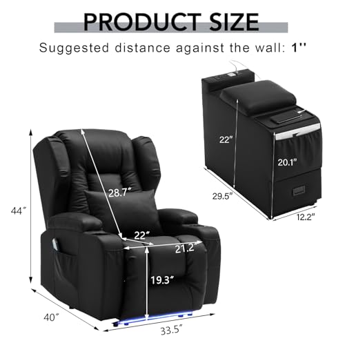 Image of DRMBOOK Power Recliner Chair, Electric Wall Hugger Reclining Sofa with Massage & Heat, Modern Theater Seating with LED Light /USB Port /Cup Holders for Living Room (Leather Black, 1 Chair with Console)