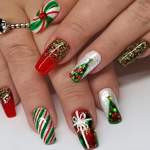 Christmas Press on Nails Medium Coffin Fake Nails with Christmas Tree Designs Glossy Glue on Nails Xmas Design Green and Red Stripes Full Cover False Nails Artificial Acrylic Nails 24PCS