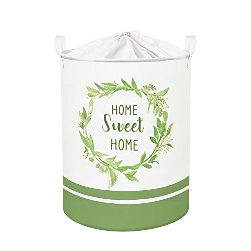 Clastyle 45L Wreath Green Laundry Baskets With Drawstring Collapsible Plant Flowers Laundry Hamper For Clothes Bedroom Sweet Home Simple Words Storage Basket With Handle, 14.2X17.7 In #TOP28