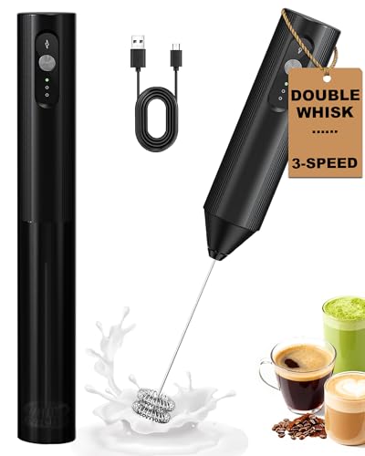Image of 3-Speed Rechargeable Milk Frother Handheld, Dual Coil Whisk Coffee Frother Handheld - Portable Hand Frother Wand for Coffee Matcha Cappuccino & Hot Chocolate, Kitchen Gift, Black