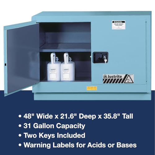 Image of Justrite Acid Corrosive Storage Cabinet - 31 Gallon 2 Door Manual Close Chemical Storage Cabinet with ChemCor Coating - 22 inch x 36 inch x 48 inch - Made in The USA - Light Blue - 8849022