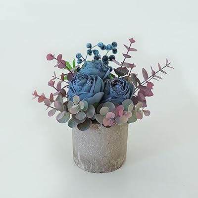 Rosscer Artificial Flowers Kit with Pot, Combination of Fake Silk Burnt Blue Roses and Greenery,Small Plant Potted Decor for Offices,Bookshelf,Bedroom, Living Room,Party,Wedding Decorations…