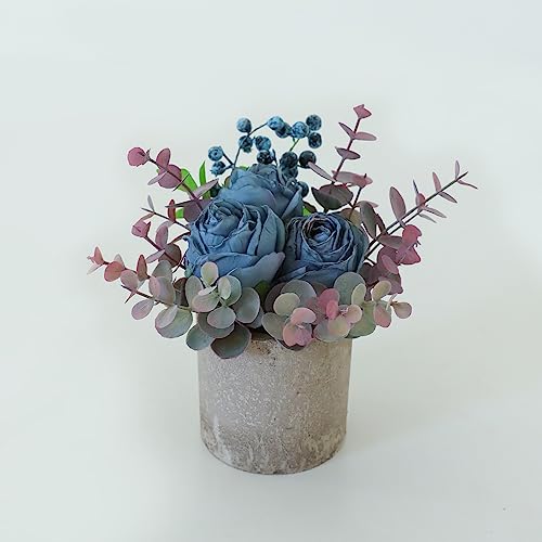 Rose in Pot Decor Potted Artificial Flowers Mini Plants Faux Flowers Indoor Small Decor Fake Roses for Home, Bathroom, Kitchen, Offices, Wedding Party Centerpieces (Burnt Blue)