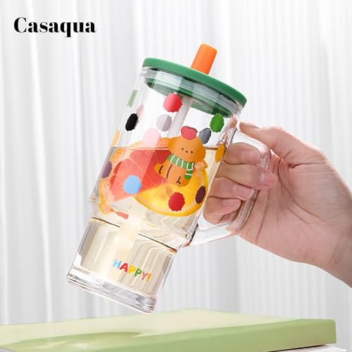 Image of Cute Dog Print Glass Tumbler with Handle, Lid & Straw - 620ml, Set of 1, Glass Sipper Cup for Kids & Adults, Drinking Mug for Water, Juice, Milk, Iced Coffee, Tea, Travel Cup (Random Color)