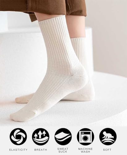 Womens Socks Neutral Cute Crew Socks Solid Color Cotton Boot Socks for Women Granola Girls Ladies 5/6 Pairs4
