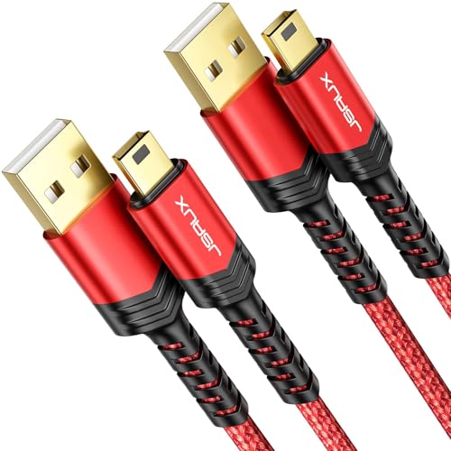 JSAUX Mini USB Cable[2-Pack 3.3ft+6.6ft], USB 2.0 Type A to Mini B Fast Charging Braided Cord for GoPro Hero 3+, PS3 Controller, MP3 Player, Dash Cam, Garmin Nuvi GPS, Camera, Blue Yeti, Red