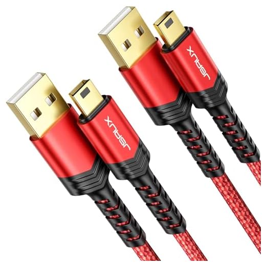 JSAUX Mini USB Cable[2-Pack 3.3ft+6.6ft], USB 2.0 Type A to Mini B Fast Charging Braided Cord for GoPro Hero 3+, PS3 Controller, MP3 Player, Dash Cam, Garmin Nuvi GPS, Camera, Blue Yeti, Red