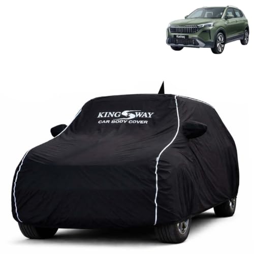 Image of KINGSWAY Super Waterproof Car Cover Only with Skoda Kushaq (Year 2026 Onwards - All Model) | Mirror and Antenna Pockets | All Weather Car Body Cover with Silver Piping | Black