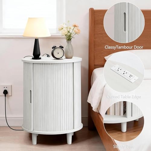Image of DHH Round End Table with Storage & Charging Station, Fluted Accent Side Table with Sliding Door & Adjustable Shelf, Mid-Century Nightstand for Small Spaces, Living Room, Bedroom(Grayish White)