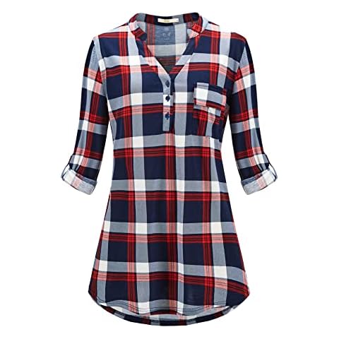 Style Slice Tunic Tops for Women UK, Checked Ladies Tops V-Neck, Plaid Blouses for Women UK Navy Blue Red Cover