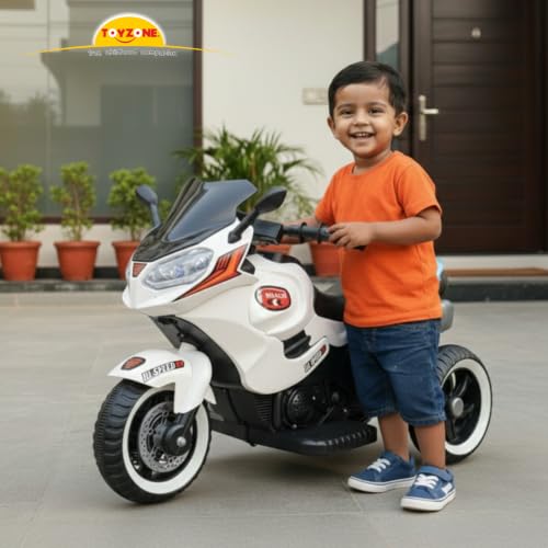 Image of Toyzone Roach Electric Bike (White) | 6V Rechargeable Bike for Kids with 4.5Ah Battery | LED Lights, Music, MP3 /USB /BT | Smooth Acceleration | 6M Battery Warranty | Age 2-8 Years, Up to 35kg