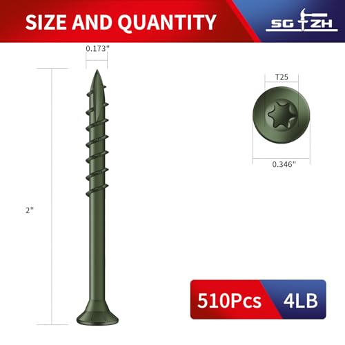 Image of #8 x 2 Inch Deck Screws (510Pcs) 4lb. Exterior Wood Screws. Carbon Steel, Green, Flat Head, Rust Resistant epoxy Coated, with T25 Star Bit
