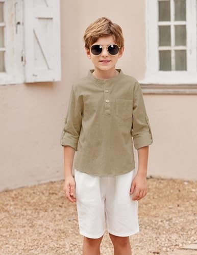 Image of Arshiner Boys Cotton Linen Henley Shirt Button Down Shirt Long Sleeve T Shirt Beach Shirt Tee Casual Solid Tops