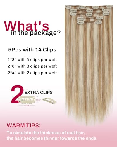 Image of Moresoo Blonde Hair Extensions Clip in Human Hair Remy Short Clip in Human Hair Extensions Medium Brown with Blonde Double Weft 5pcs 80g 10inch