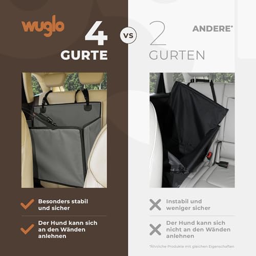 Wuglo Extra Stabiler Hunde Autositz mit Sicherheitsgurt – Wasserdichter und Robuster Autositz Hund für den Rücksitz mit 4 Befestigungsgurten, geeignet für große Hunde bis 26 kg