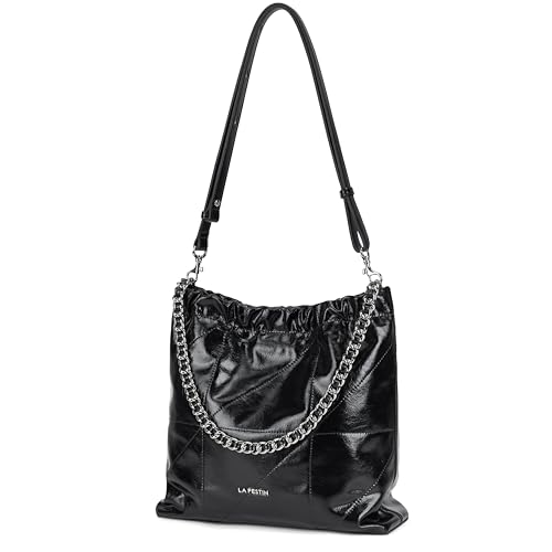 Image of LA FESTIN Genuine Leather Chain Hobo Bag for Women Trendy Crossbody Purse | Split Leather, Chain Strap, Adjustable Strap, Drawstring Closure, Large Capacity, Daily use